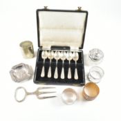 COLLECTION OF SILVER & SILVER PLATE ITEMS - PILL BOX, NAPKIN RINGS, SPOONS