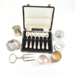 COLLECTION OF SILVER & SILVER PLATE ITEMS - PILL BOX, NAPKIN RINGS, SPOONS