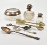 COLLECTION OF SILVER & WHITE METAL ITEMS WITH CUT GLASS BOTTLE & SPOONS