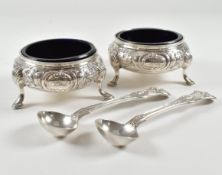 PAIR OF VICTORIAN SILVER SALTS WITH ORIGINAL LINERS & MATCHED SPOONS