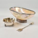 MOTHER OF PEARL DISH WITH HALLMARKED SILVER FORK