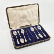 HALLMARKED GEORGE V SILVER COFFEE SPOONS & TONG SET