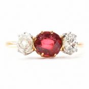 18CT GOLD FRENCH SPINEL & DIAMOND THREE STONE RING