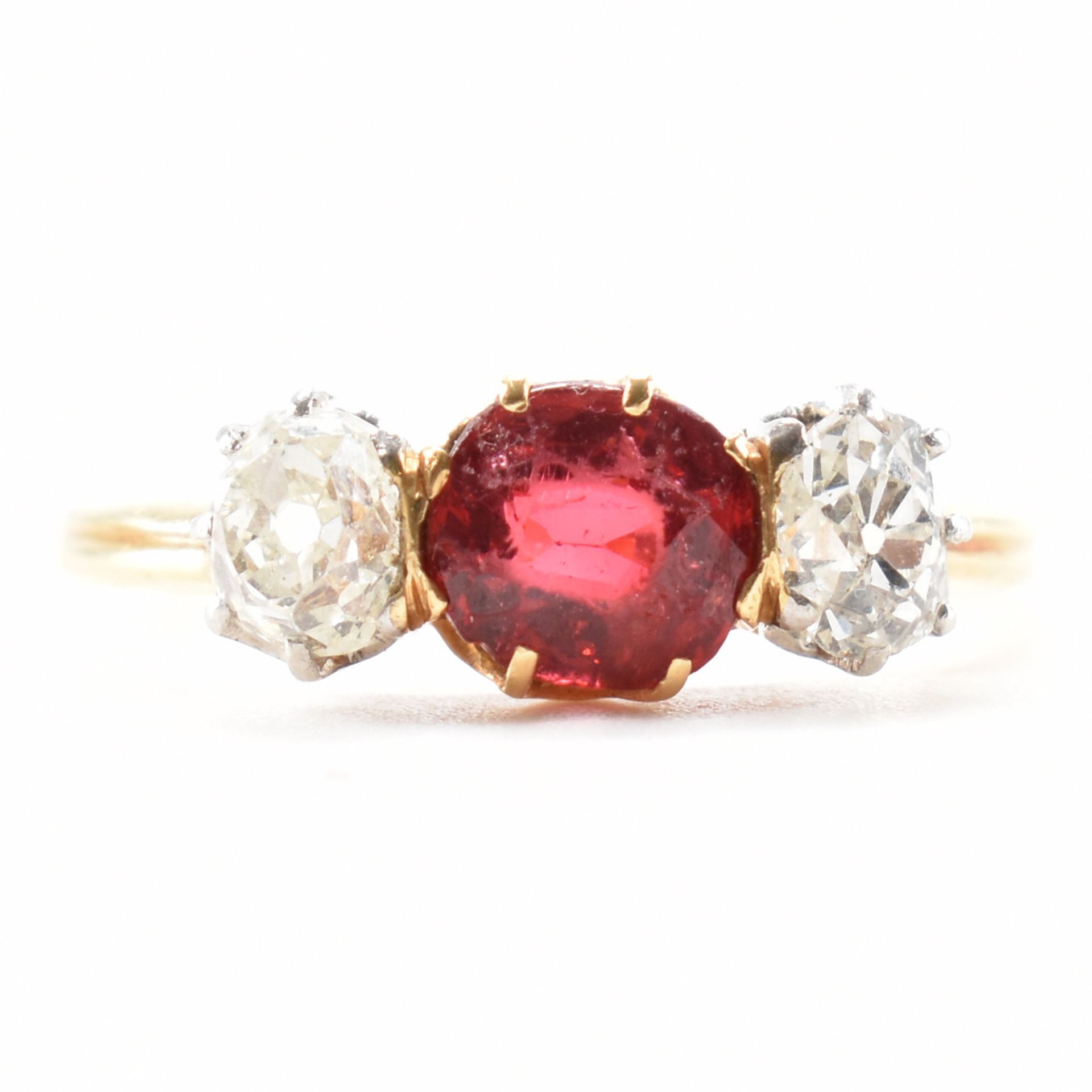 18CT GOLD FRENCH SPINEL & DIAMOND THREE STONE RING