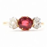 18CT GOLD FRENCH SPINEL & DIAMOND THREE STONE RING