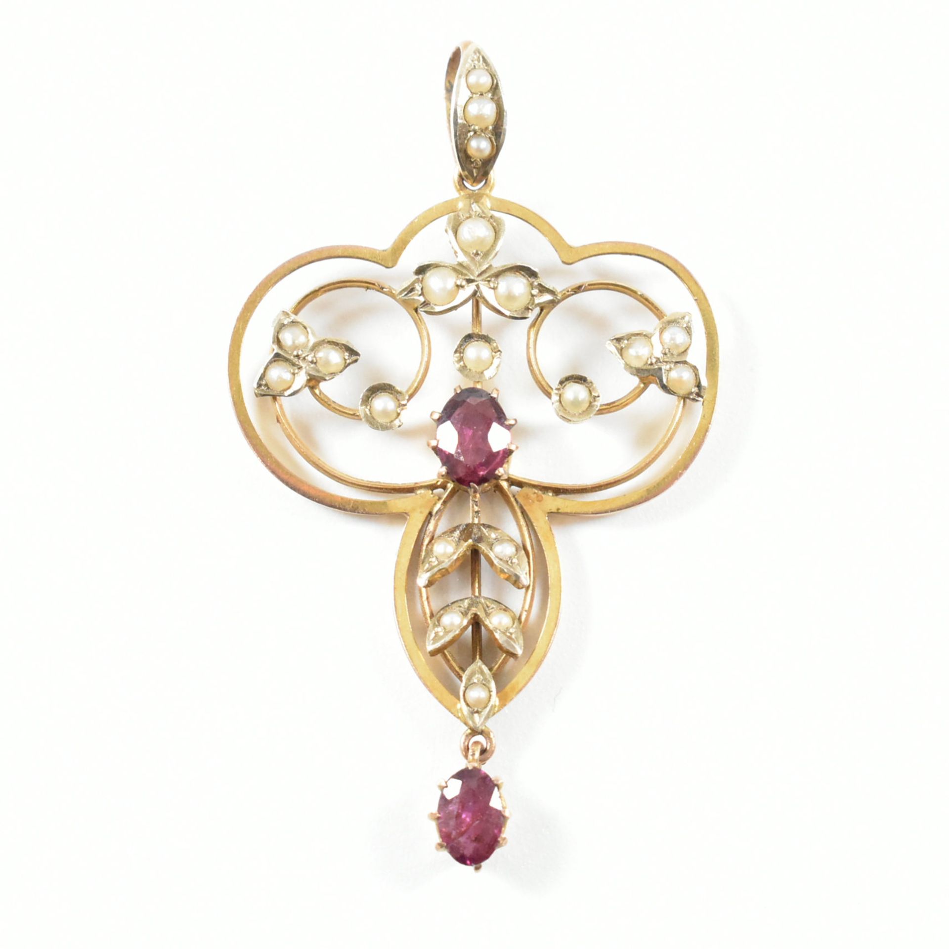 ANTIQUE 9CT GOLD GARNET & SEED PEARL NECKLACE PENDANT