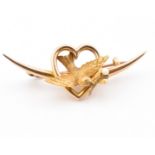 VICTORIAN 15CT GOLD SWALLOW HEART & CRESCENT BROOCH PIN