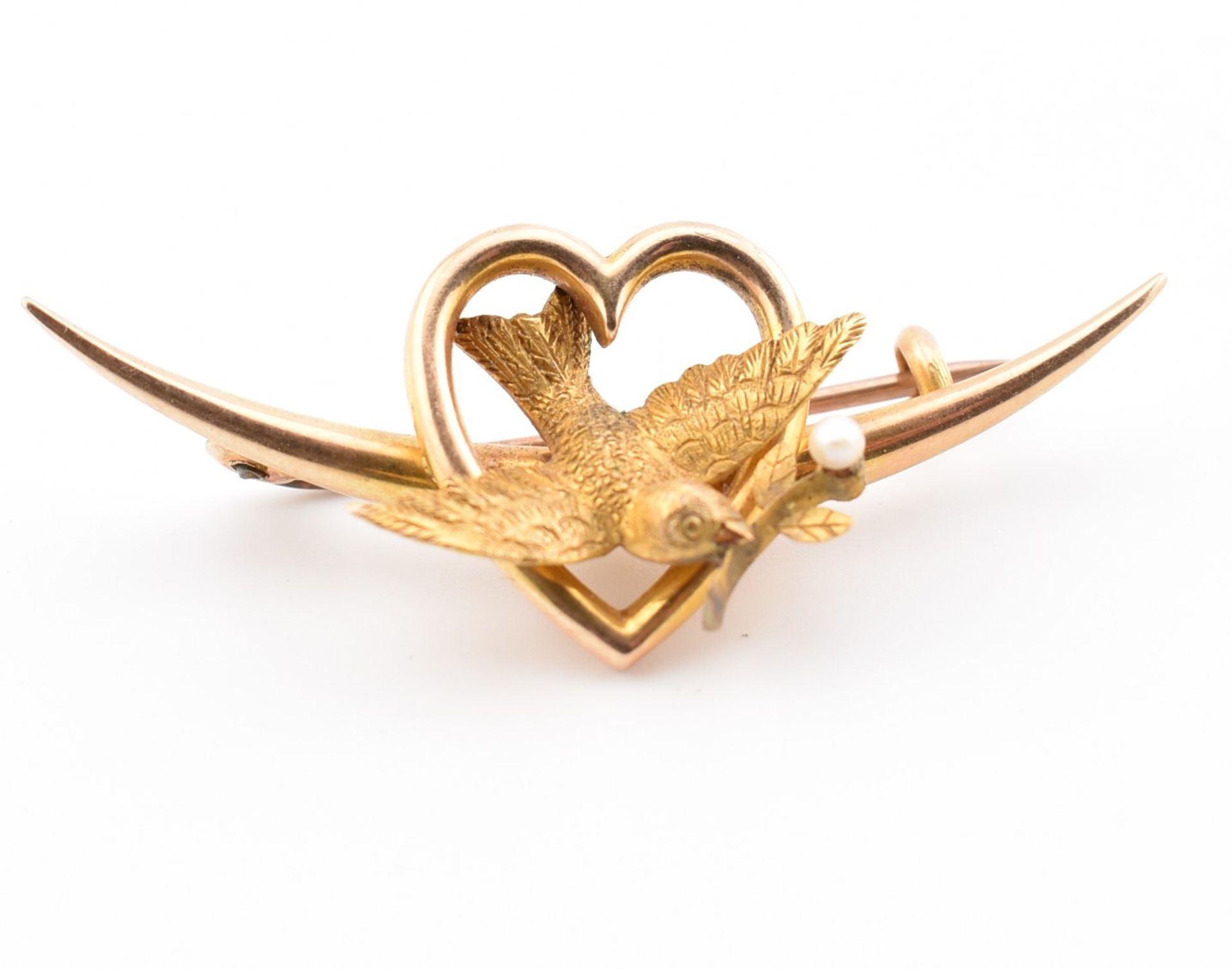 VICTORIAN 15CT GOLD SWALLOW HEART & CRESCENT BROOCH PIN - Image 5 of 6