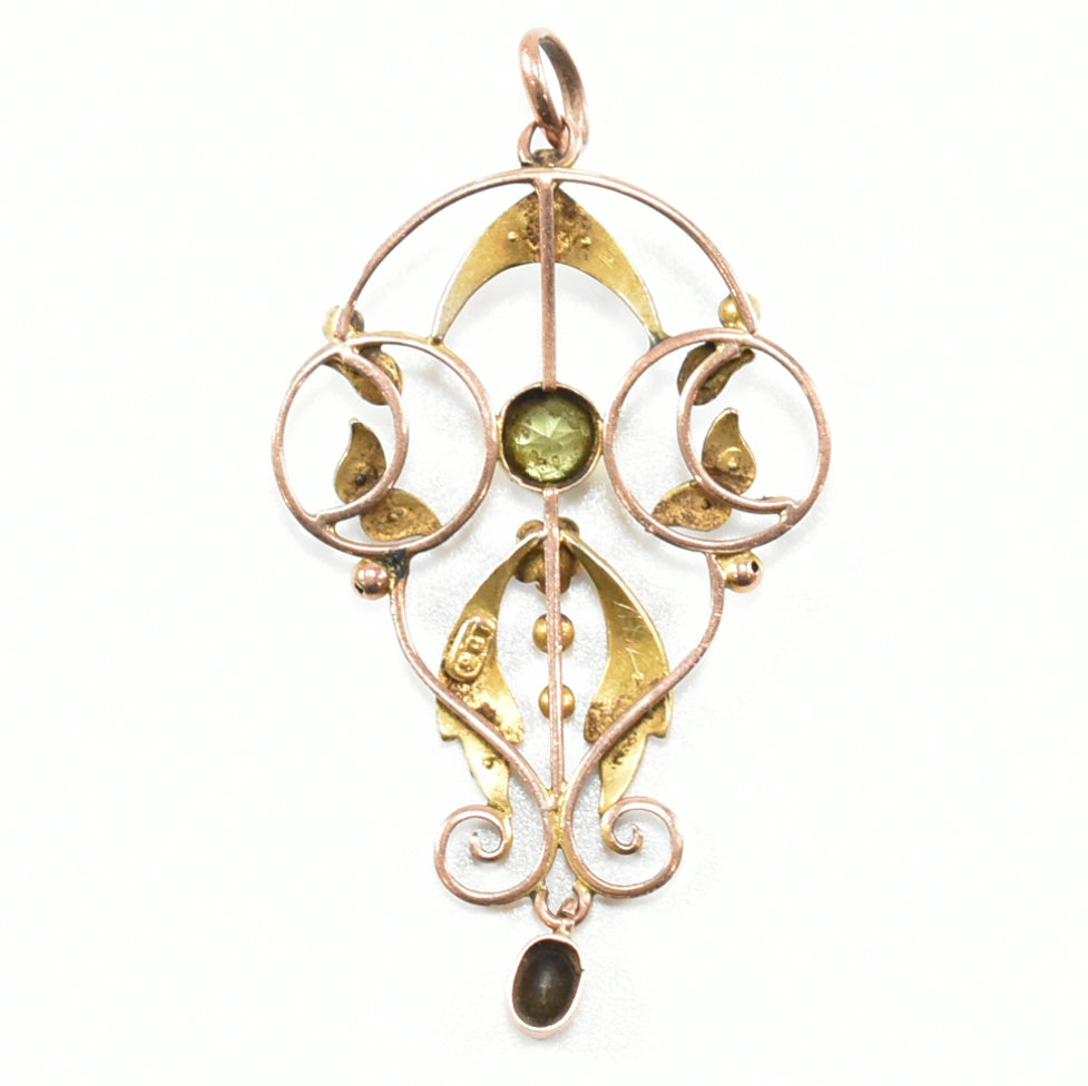 ART NOUVEAU 9CT GOLD PERIDOT & SEED PEARL NECKLACE PENDANT - Image 2 of 4