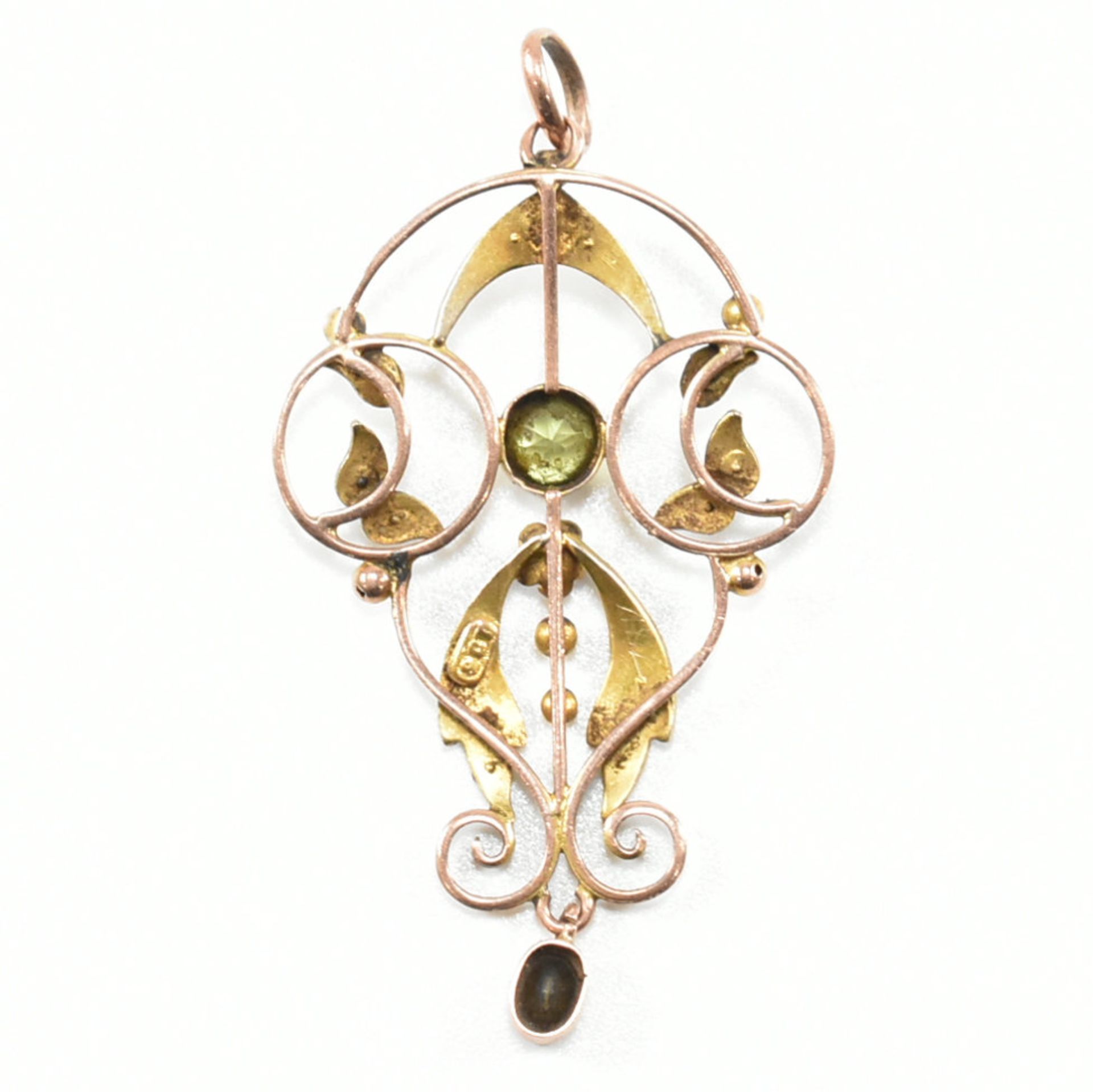 ART NOUVEAU 9CT GOLD PERIDOT & SEED PEARL NECKLACE PENDANT - Bild 2 aus 4