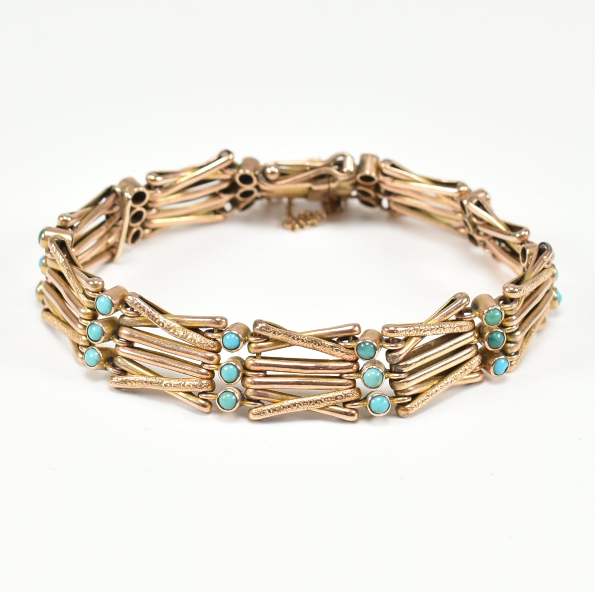 ANTIQUE 9CT GOLD & TURQUOISE BRACELET CHAIN - Image 2 of 5