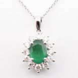 HALLMARKED 18CT WHITE GOLD EMERALD & DIAMOND PENDANT NECKLACE