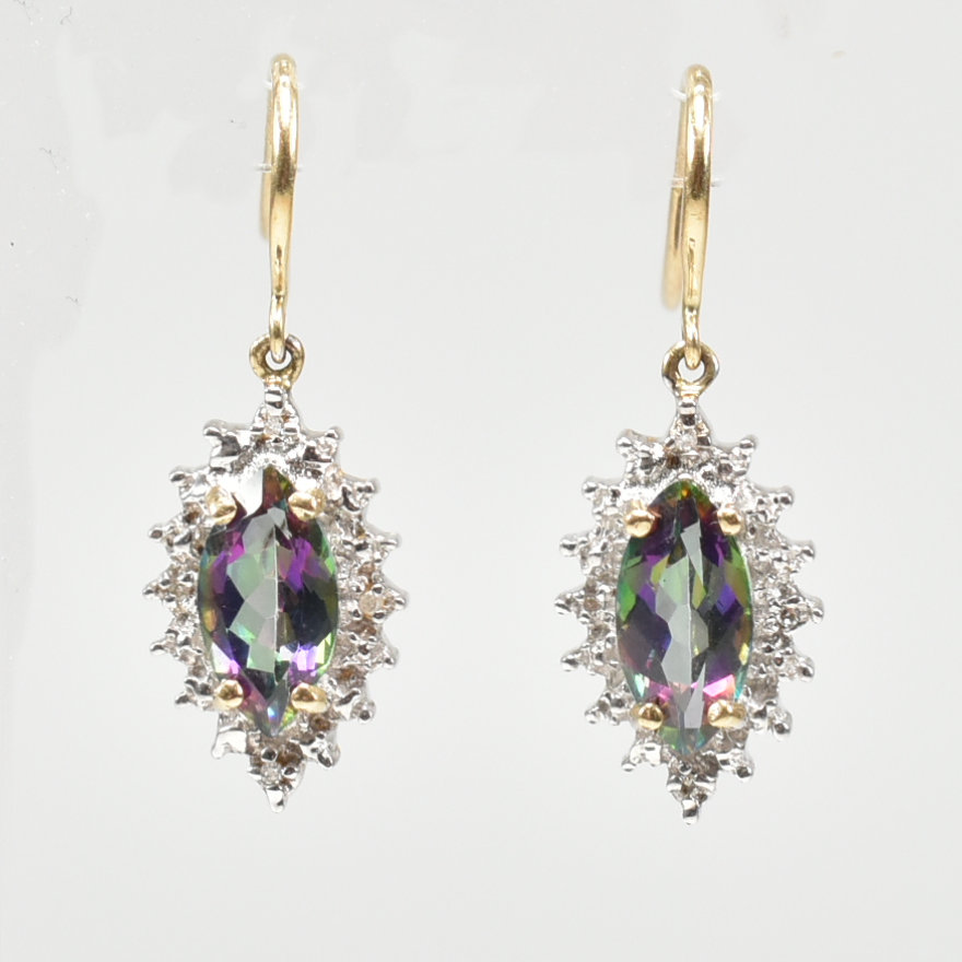 HALLMARKED 9CT BICOLOUR GOLD MYSTIC TOPAZ & DIAMOND EARRINGS