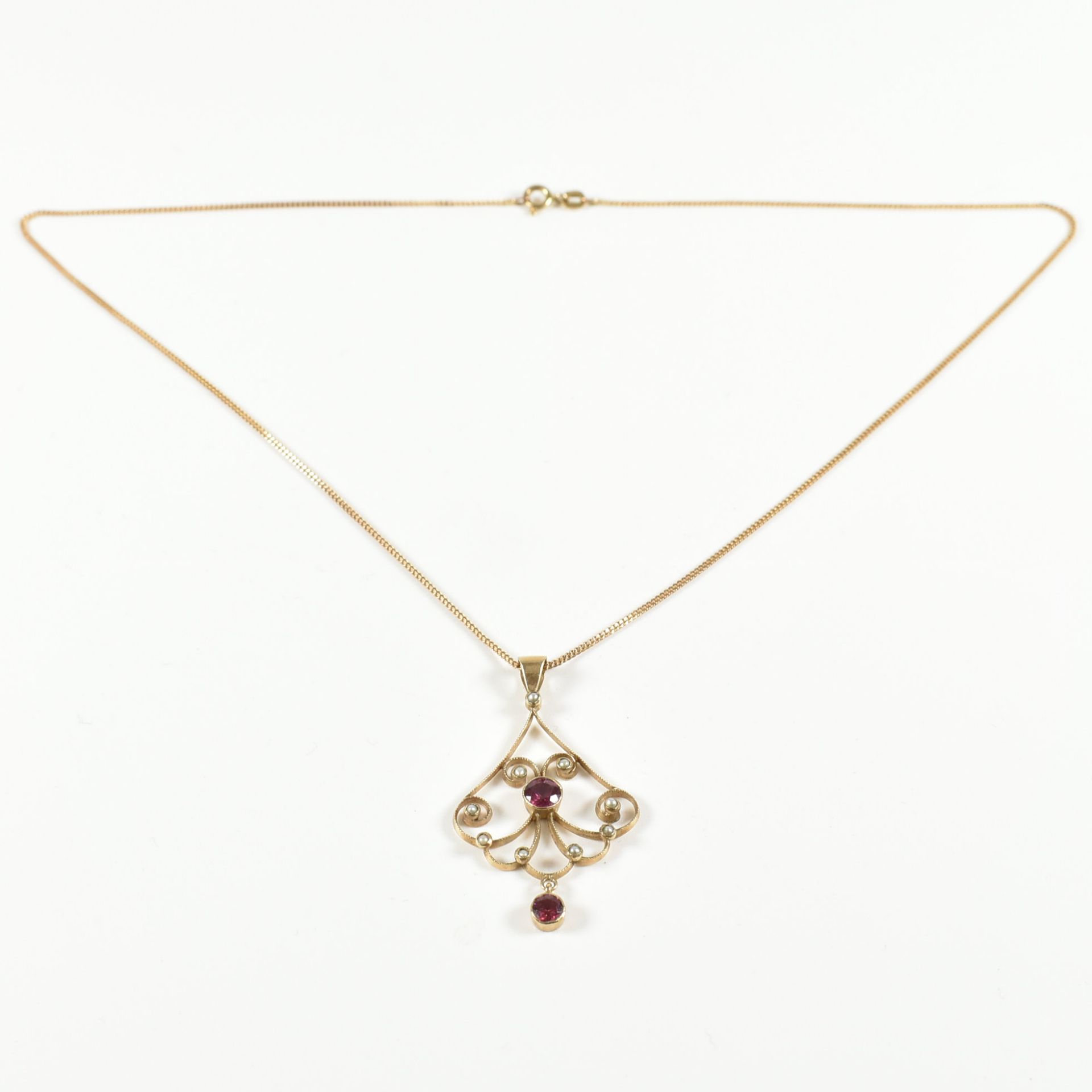 HALLMARKED 9CT GOLD SEED PEARL& GARNET PENDANT NECKLACE - Image 9 of 9