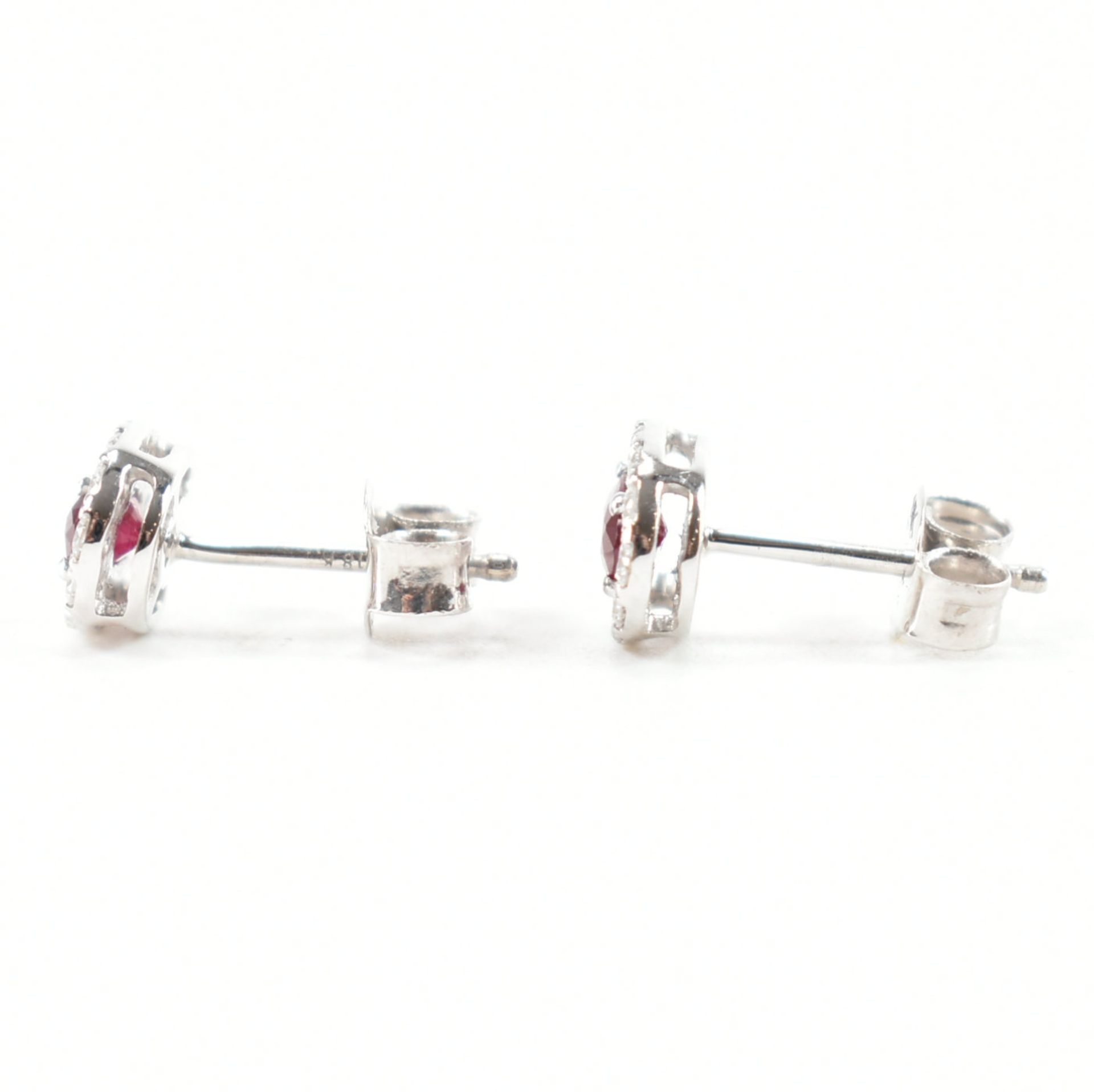 18CT WHITE GOLD DIAMOND & RED STONE HALO EARRINGS - Image 2 of 4
