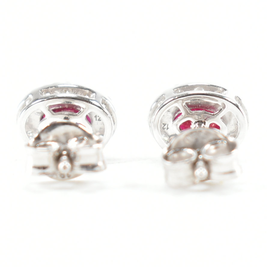 18CT WHITE GOLD DIAMOND & RED STONE HALO EARRINGS - Image 3 of 4