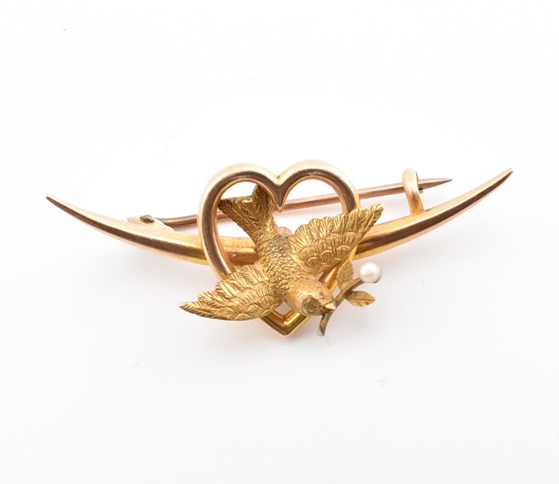 VICTORIAN 15CT GOLD SWALLOW HEART & CRESCENT BROOCH PIN
