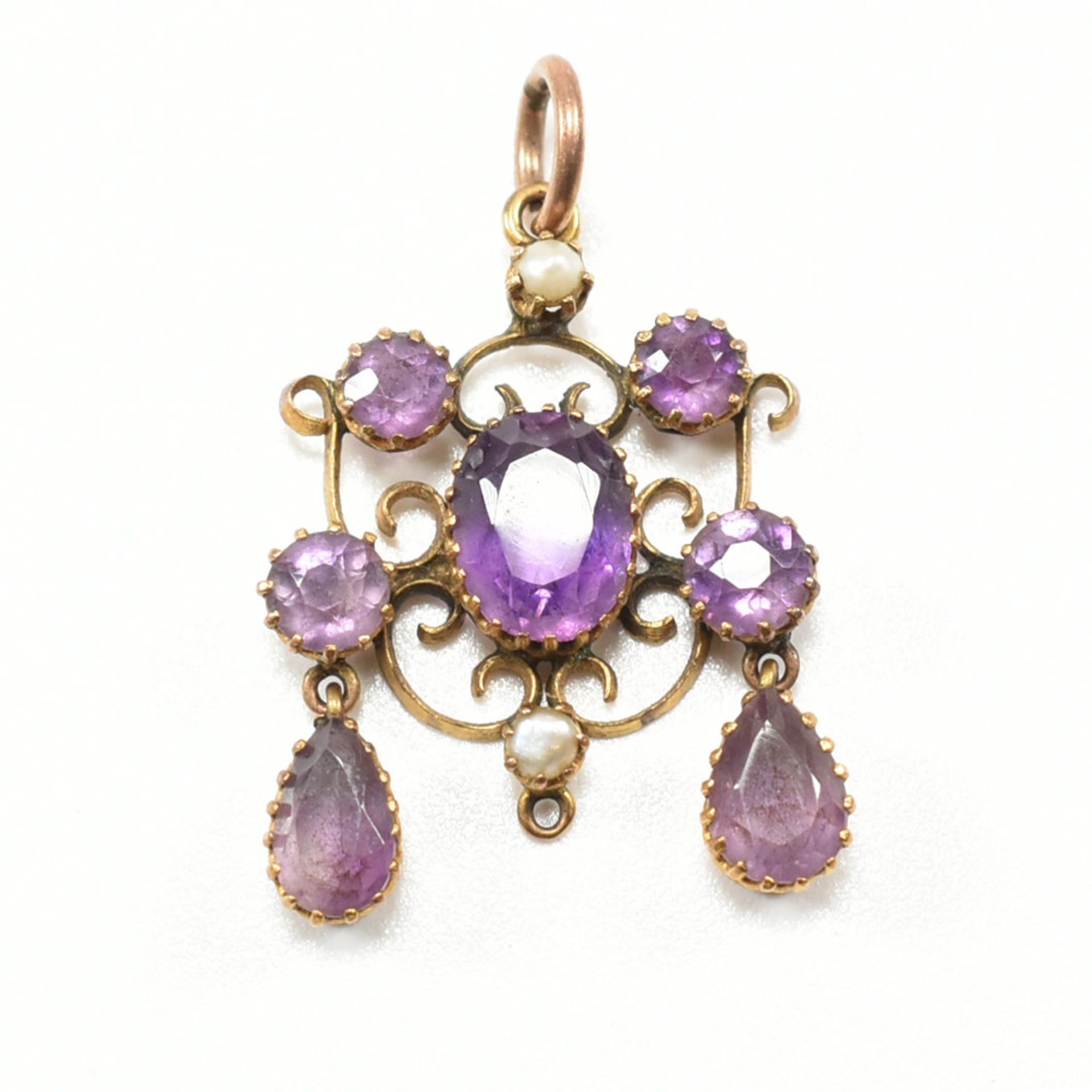 HALLMARKED 9CT GOLD NECKLACE CHAIN WITH AMETHYST & PEARL PENDANT - Image 4 of 5