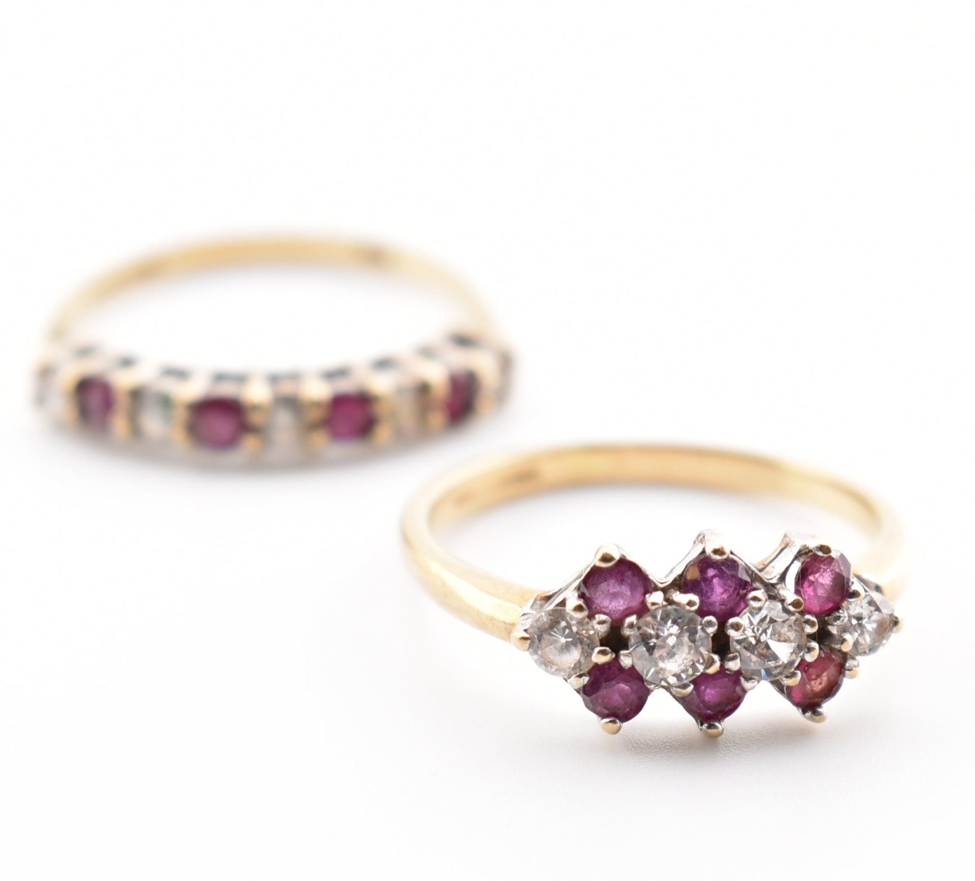 TWO HALLMARKED 9CT GOLD RUBY & WHITE STONE RINGS