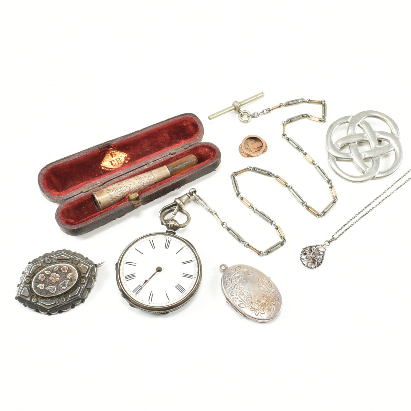 COLLECTION OF ASSORTED ANTIQUE GOLD SILVER & WHITE METAL JEWELLERY