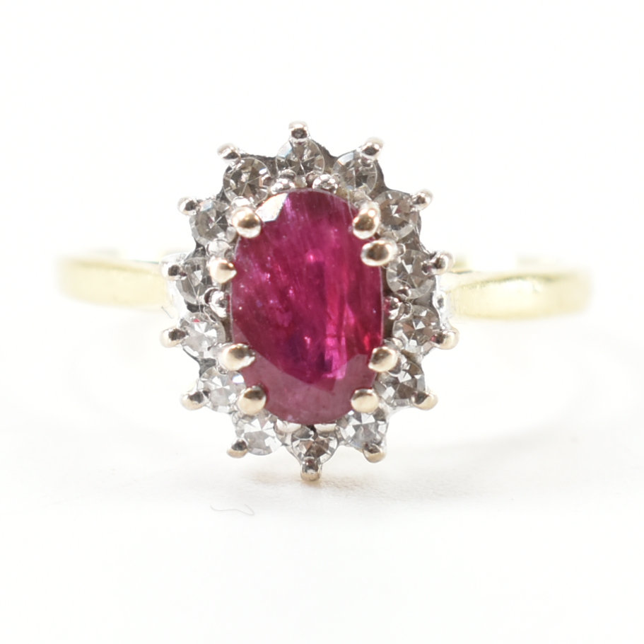 HALLMARKED 18CT GOLD RUBY & DIAMOND HALO RING