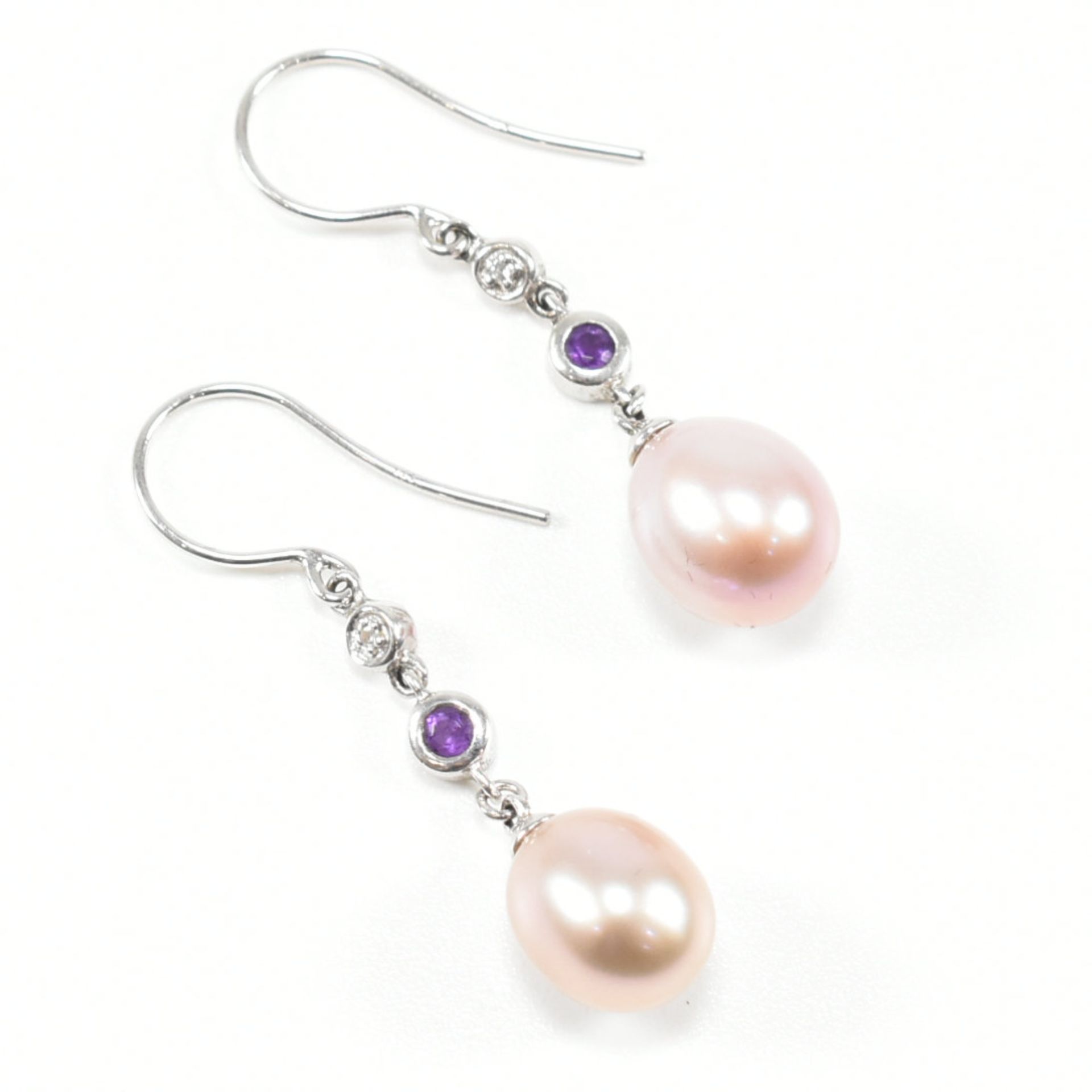 9CT WHITE GOLD PINK PEARL AMETHYST & DIAMOND PENDANT EARRINGS