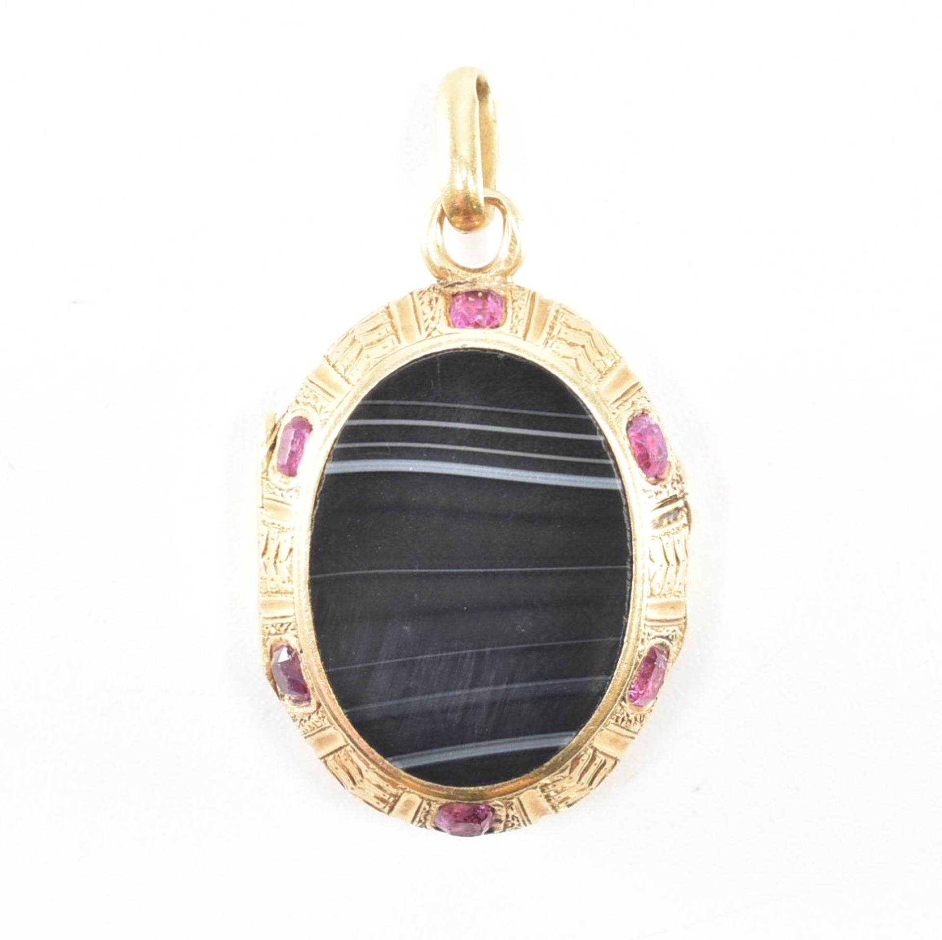 19TH CENTURY FRENCH 18CT GOLD RUBY & AGATE LOCKET PENDANT - Image 2 of 5