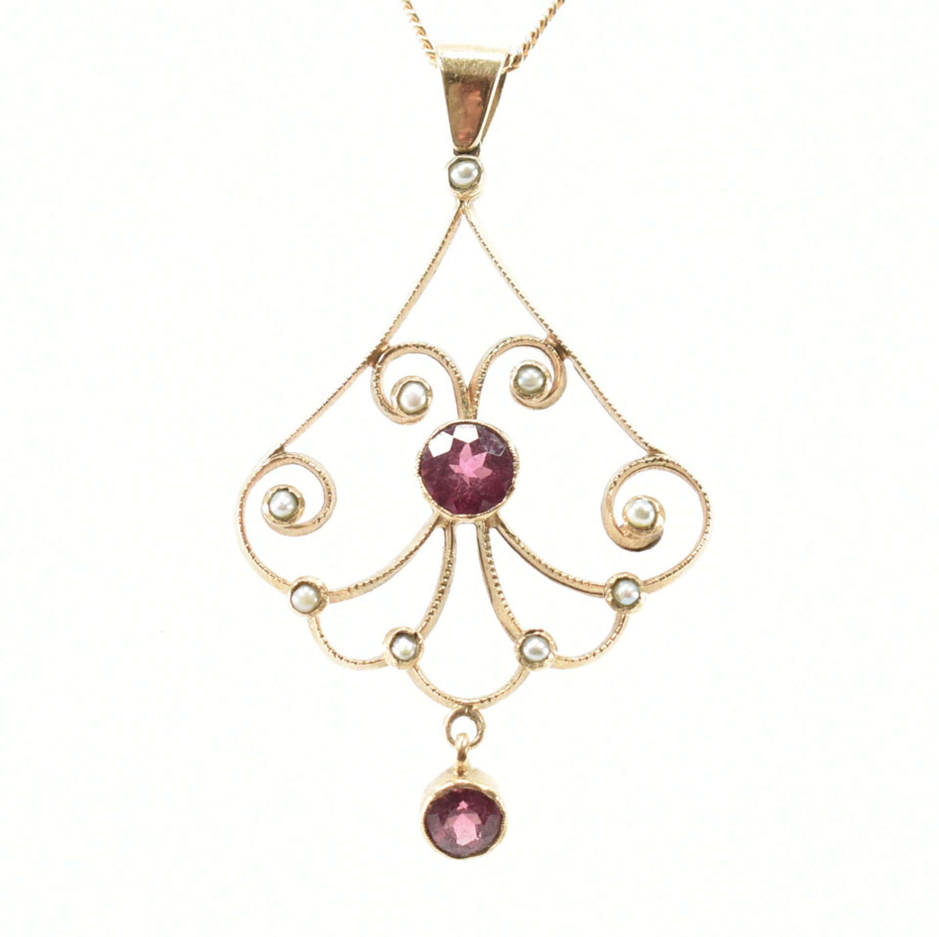 HALLMARKED 9CT GOLD SEED PEARL& GARNET PENDANT NECKLACE