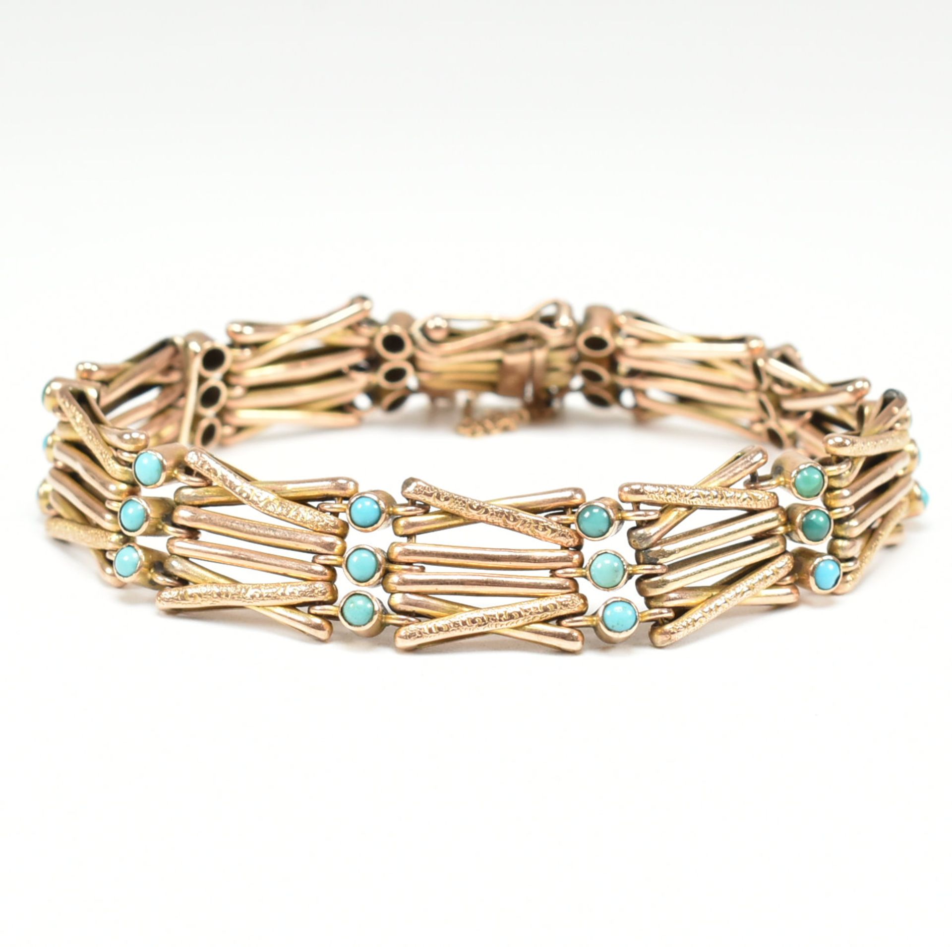ANTIQUE 9CT GOLD & TURQUOISE BRACELET CHAIN - Image 3 of 5