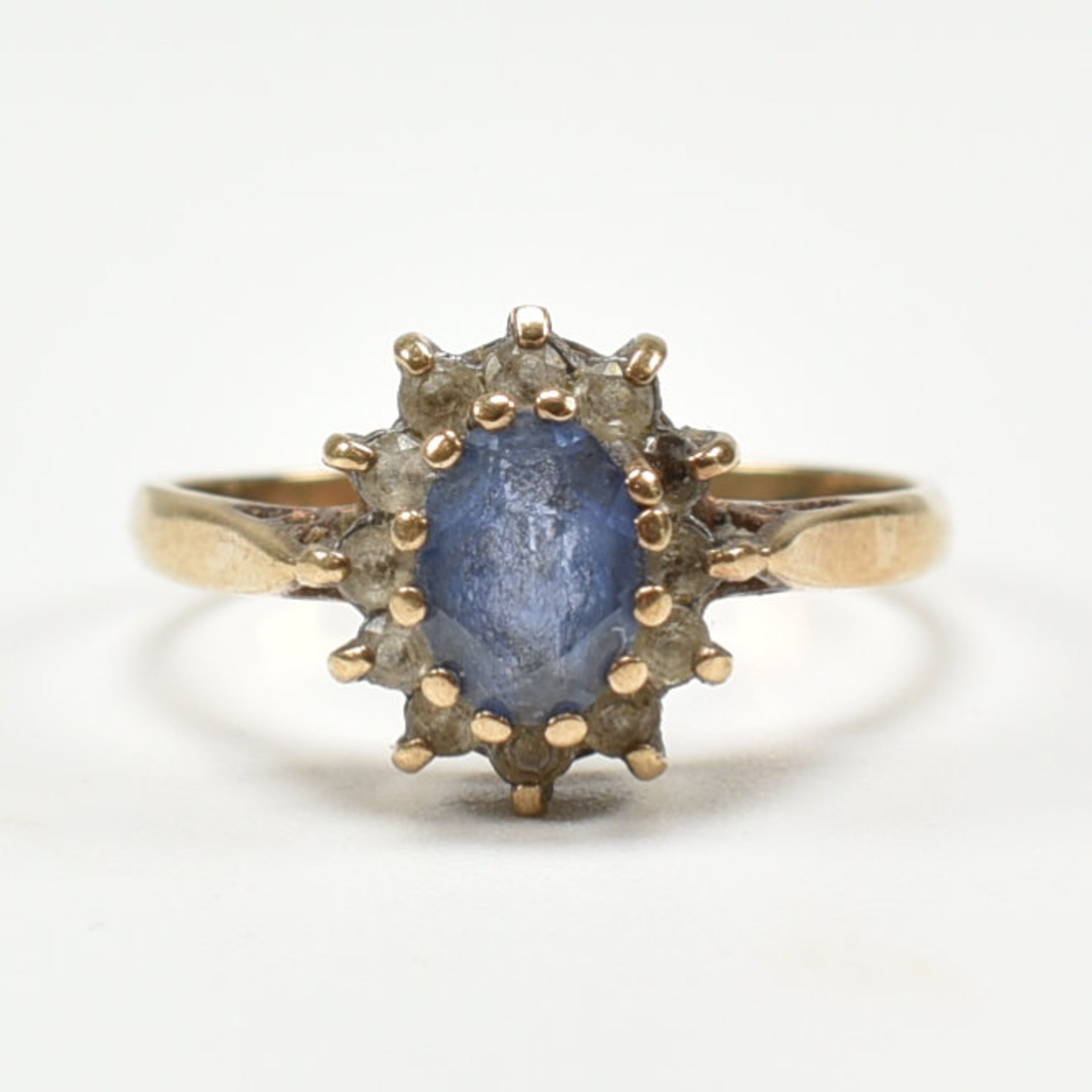 HALLMARKED 9CT GOLD & SYNTHETIC SAPPHIRE HALO RING