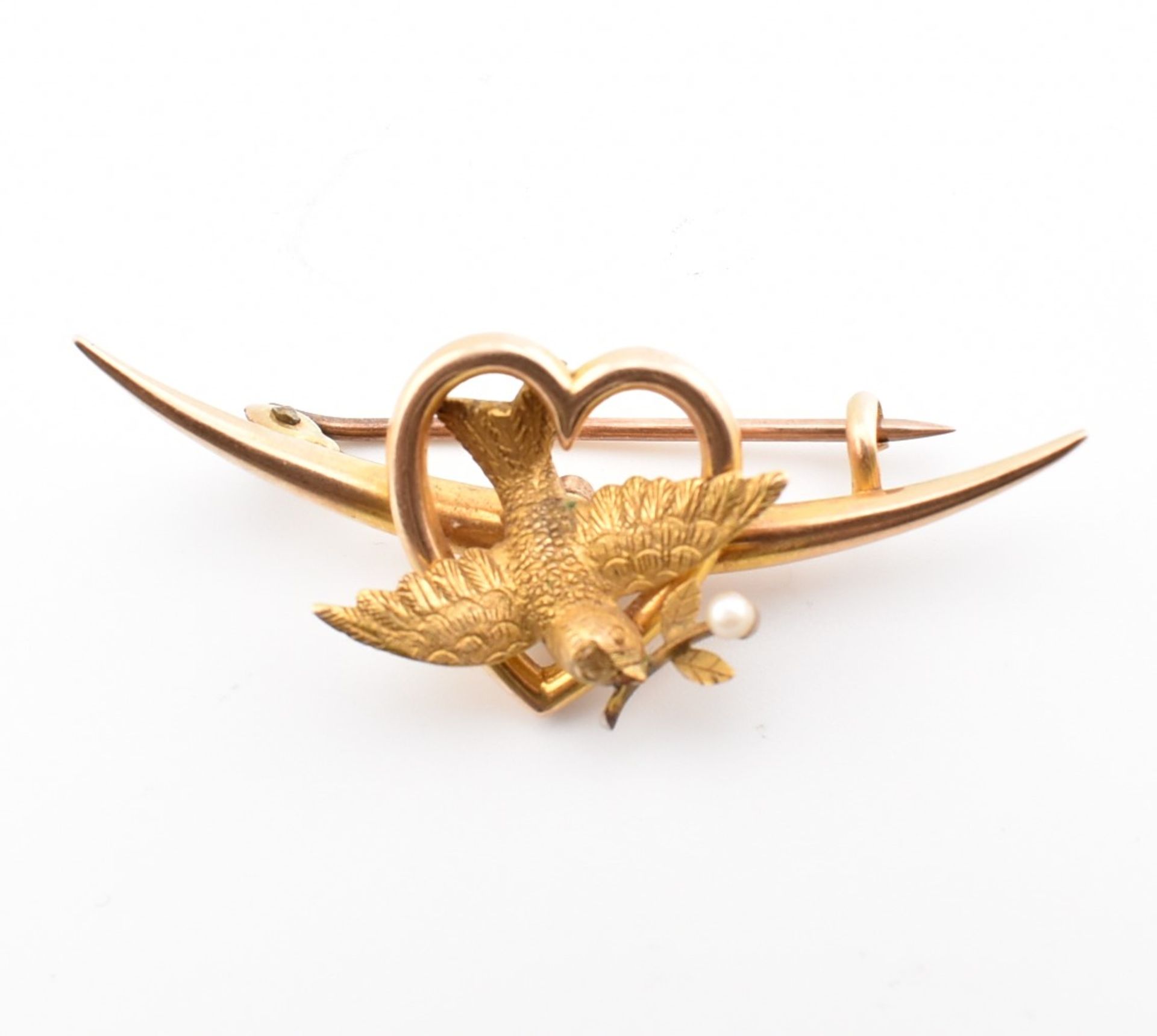 VICTORIAN 15CT GOLD SWALLOW HEART & CRESCENT BROOCH PIN - Image 4 of 6