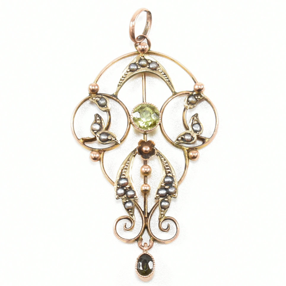 ART NOUVEAU 9CT GOLD PERIDOT & SEED PEARL NECKLACE PENDANT