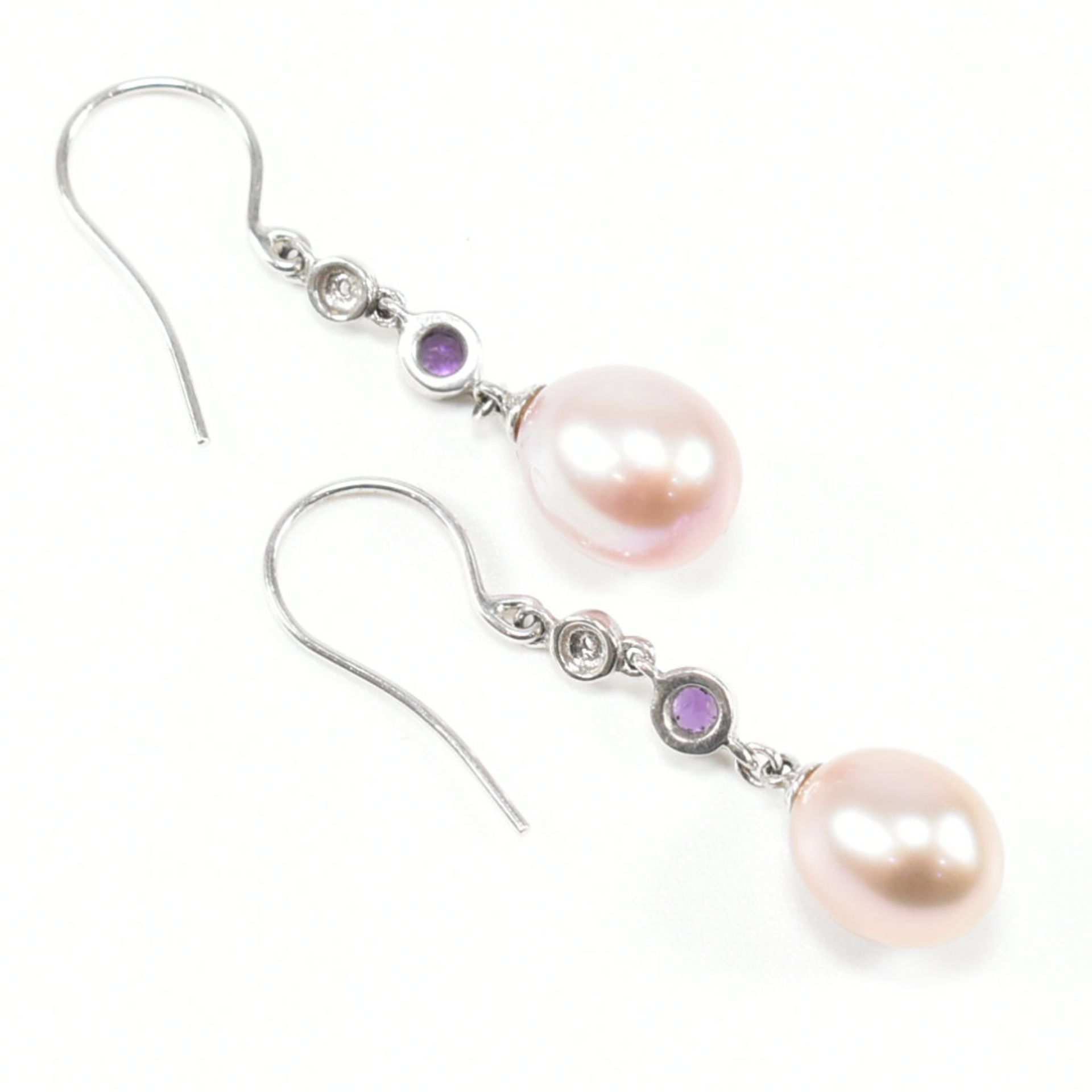 9CT WHITE GOLD PINK PEARL AMETHYST & DIAMOND PENDANT EARRINGS - Image 3 of 3