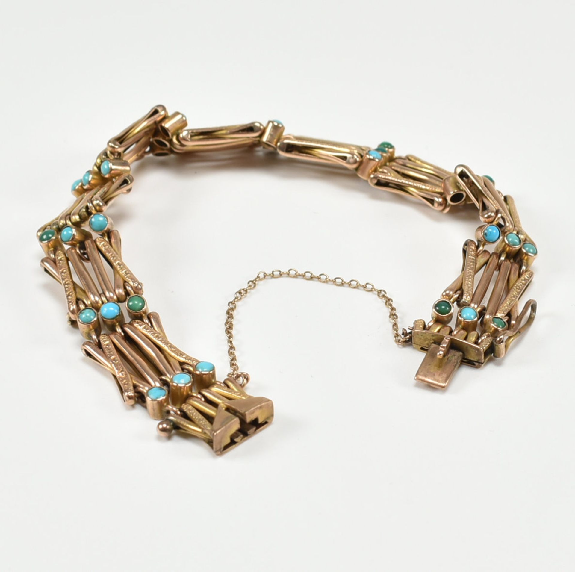 ANTIQUE 9CT GOLD & TURQUOISE BRACELET CHAIN - Image 4 of 5