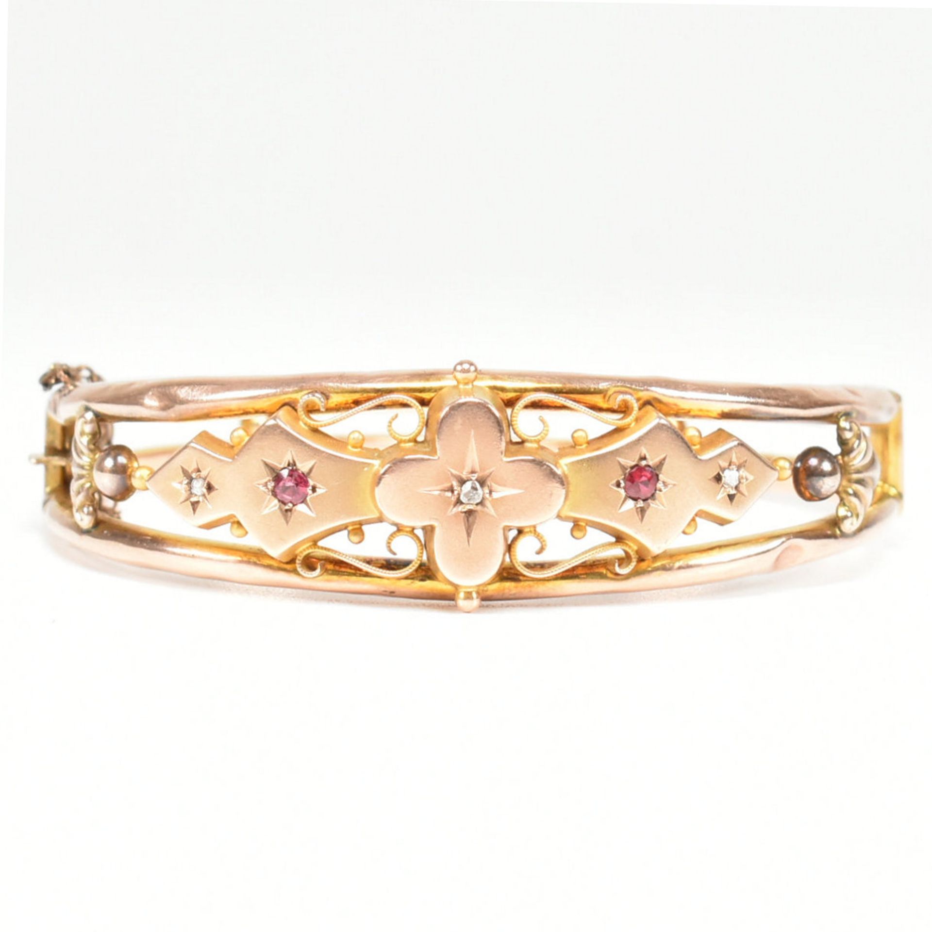 ANTIQUE 9CT GOLD DIAMOND & RED STONE BANGLE BRACELET