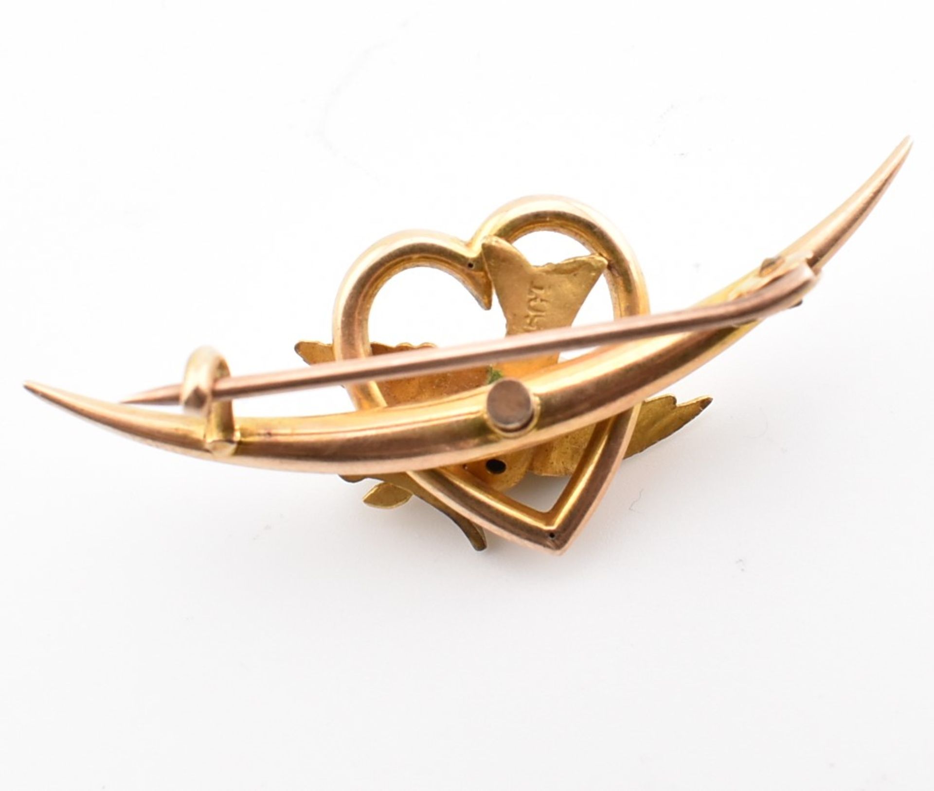 VICTORIAN 15CT GOLD SWALLOW HEART & CRESCENT BROOCH PIN - Image 3 of 6