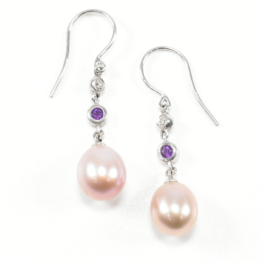 9CT WHITE GOLD PINK PEARL AMETHYST & DIAMOND PENDANT EARRINGS - Image 2 of 3