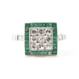 ART DECO STYLE DIAMOND & EMERALD WHITE METAL PANEL RING