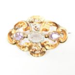 19TH CENTURY YELLOW METAL AQUAMARINE & AMETHYST BROOCH PIN