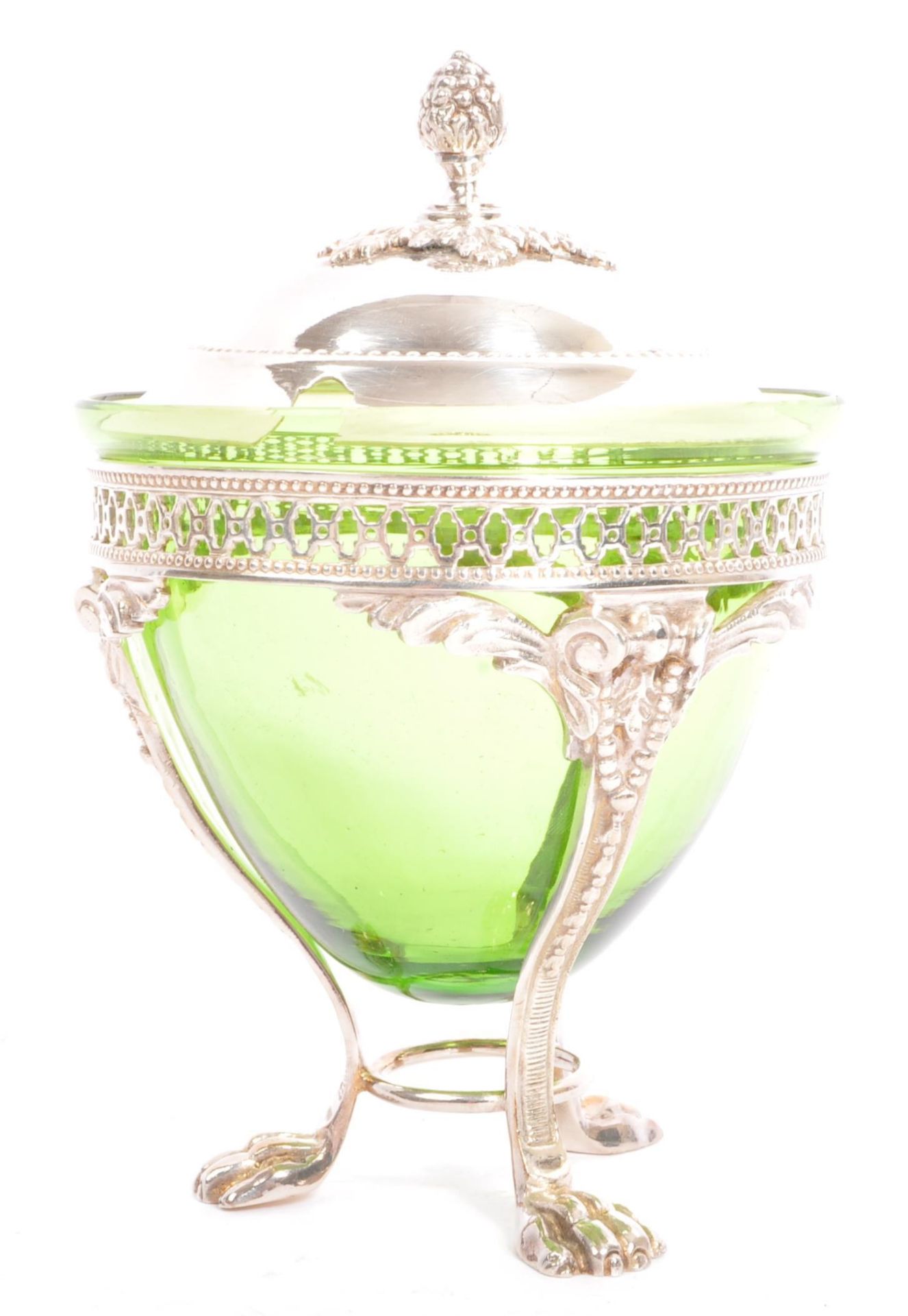 19TH CENTURY SILVER PLATED EMERALD GLASS JAM POT