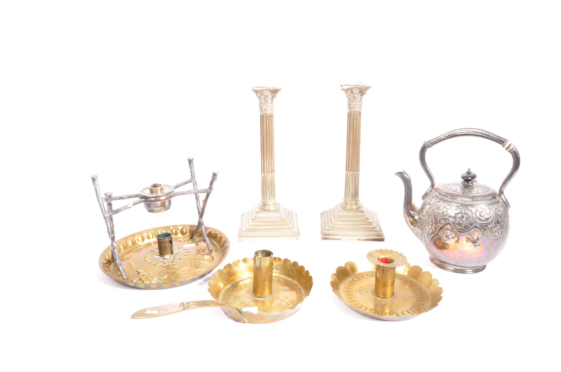 19TH CENTURY CANDLESTICKS & SPIRIT KETTLE