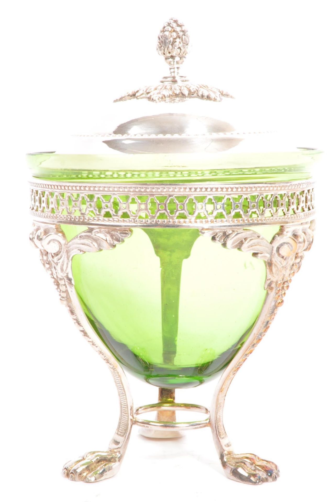 19TH CENTURY SILVER PLATED EMERALD GLASS JAM POT - Bild 2 aus 6