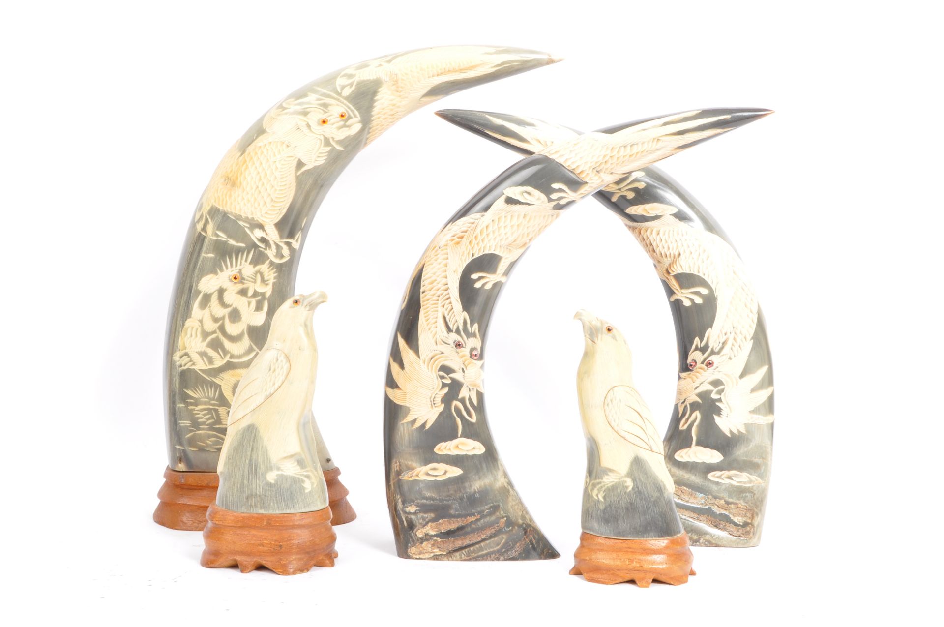 GROUP OF THREE CHINESE CARVED MOUNTED CATTLE HORNS