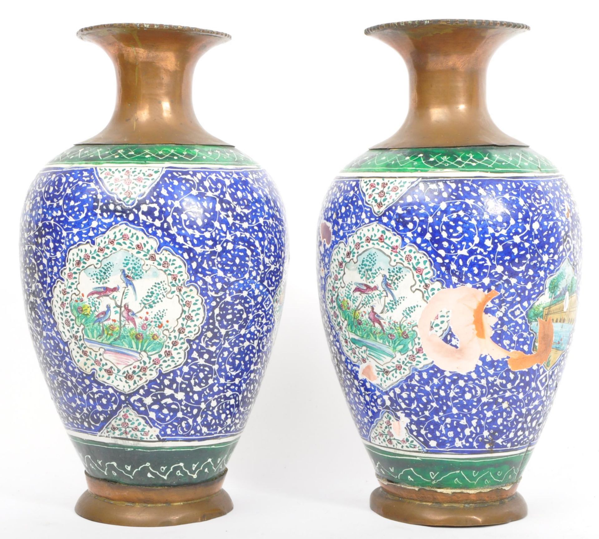 PAIR OF EARLY 20TH CENTURY COPPER & ENAMEL HAND PAINTED VASES - Image 3 of 5