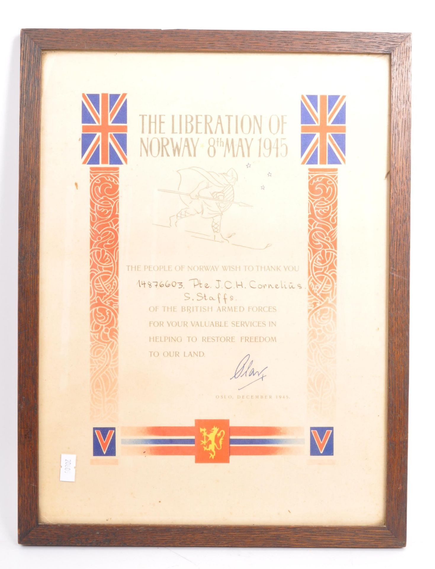 THE LIBERATION OF NORWAY - FRAMED & GLAZED CERTIFICATE