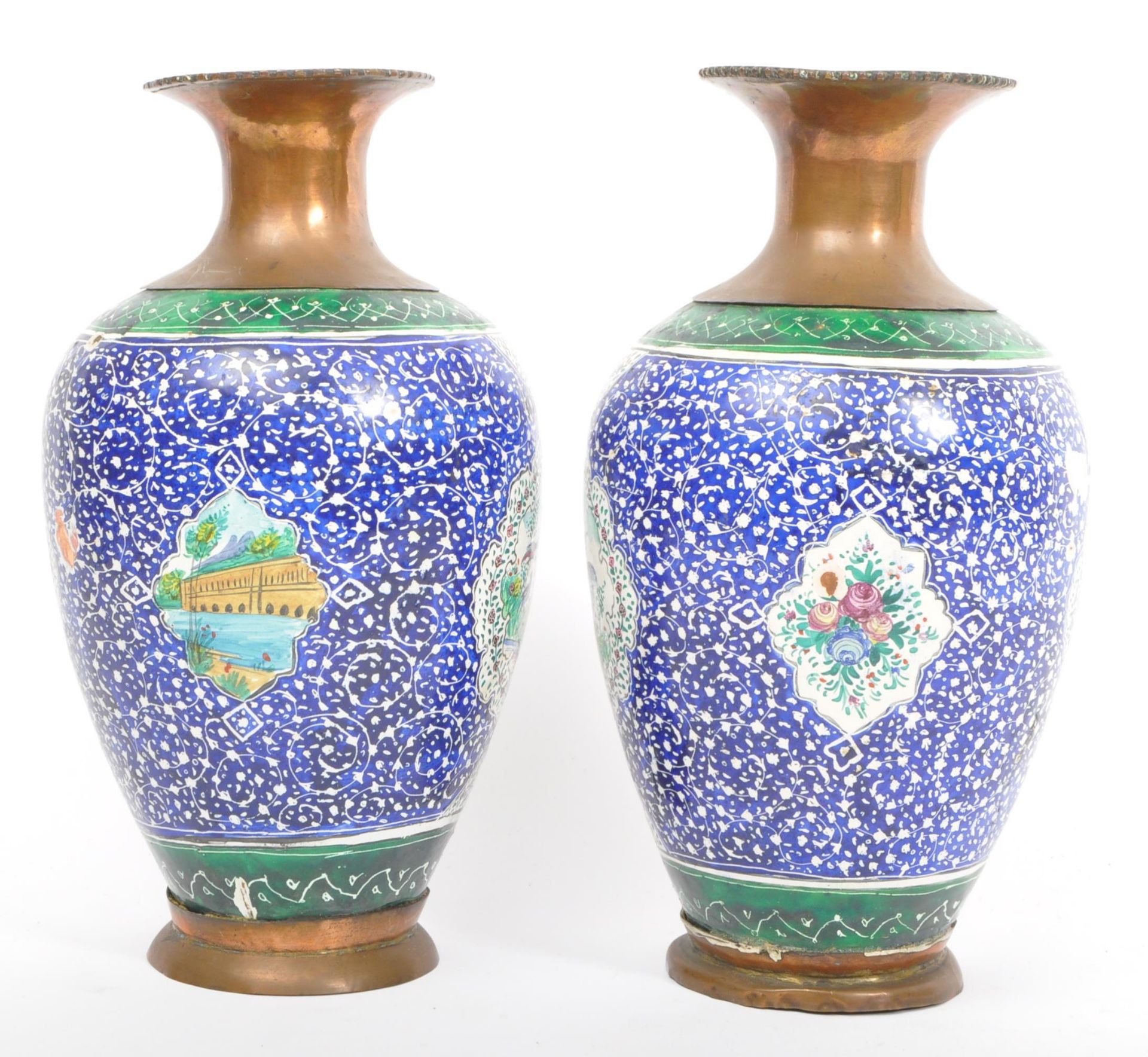 PAIR OF EARLY 20TH CENTURY COPPER & ENAMEL HAND PAINTED VASES - Image 2 of 5