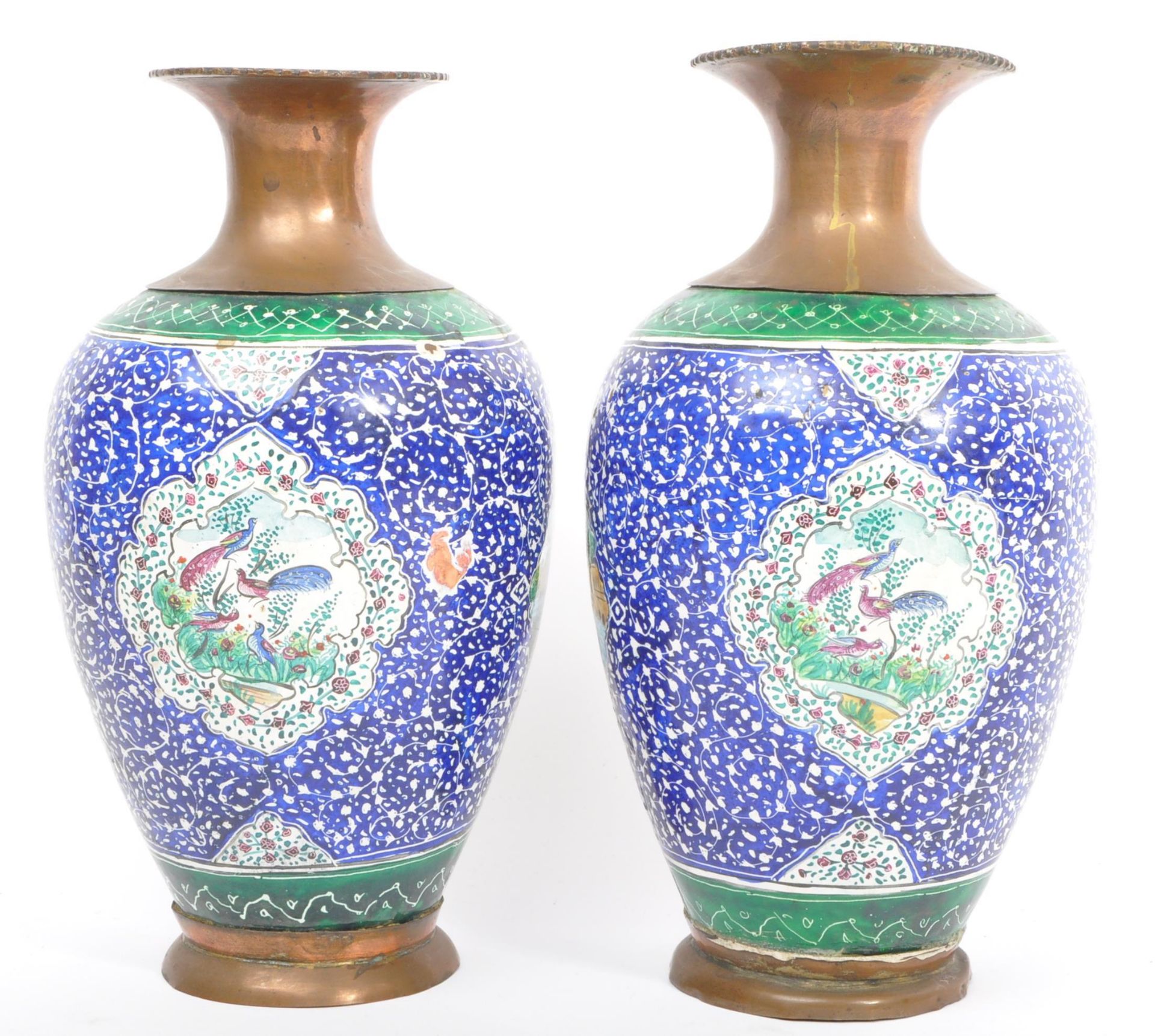 PAIR OF EARLY 20TH CENTURY COPPER & ENAMEL HAND PAINTED VASES