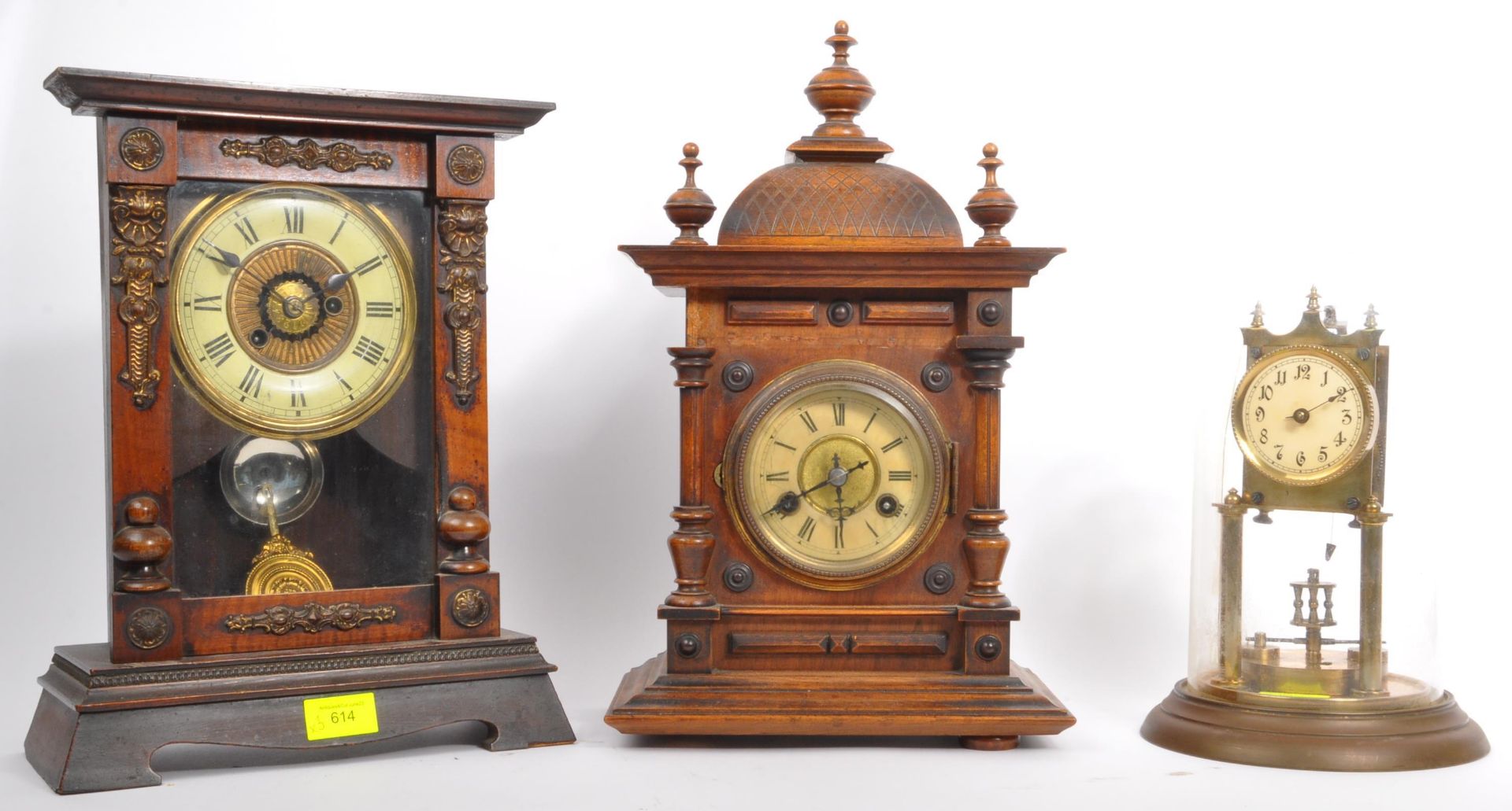 COLLECTION OF THREE VINTAGE BRASS & WOOD MANTEL CLOCKS