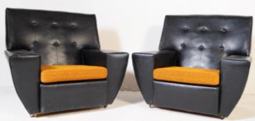 A PAIR OF VINTAGE RETRO 1970'S VINYL MATCHING ARMCHAIRS