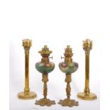 TWO PAIRS OF 20TH CENTURY BRASS CANDLESTICKS & OIL LAMPS